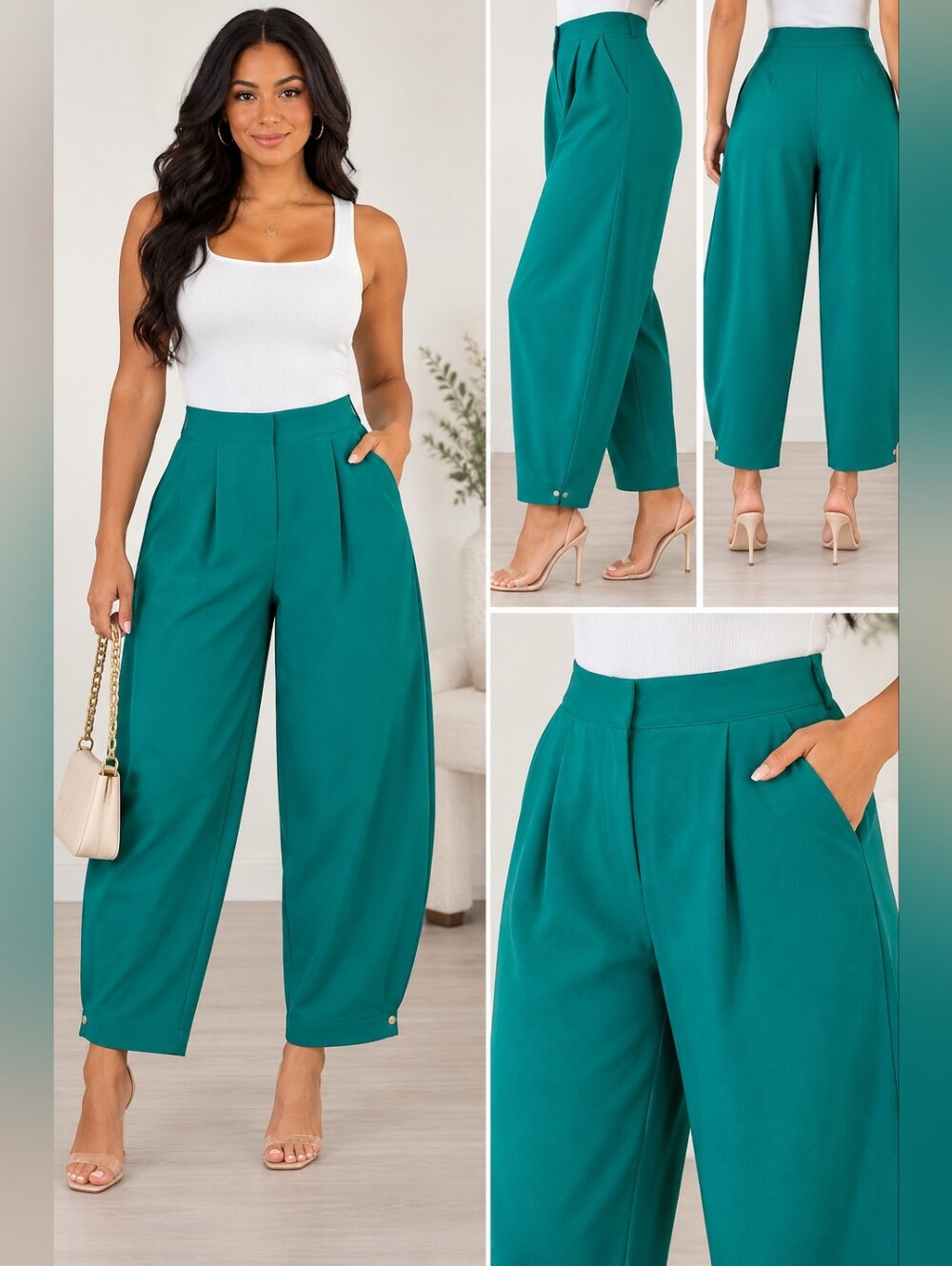 High-Rise Teal Wide-Leg Trousers with Pleats